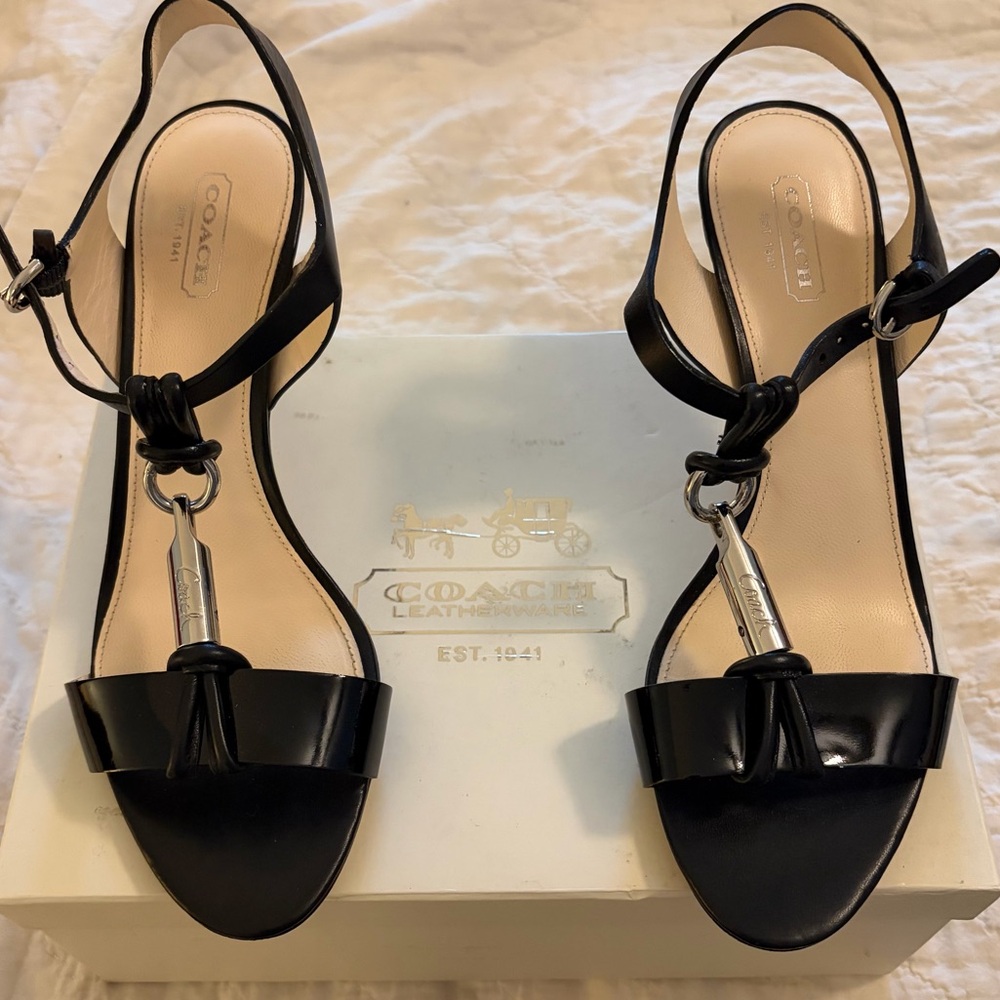 COACH Black Leather Knot T-Strap Heeled Sandals SZ 8